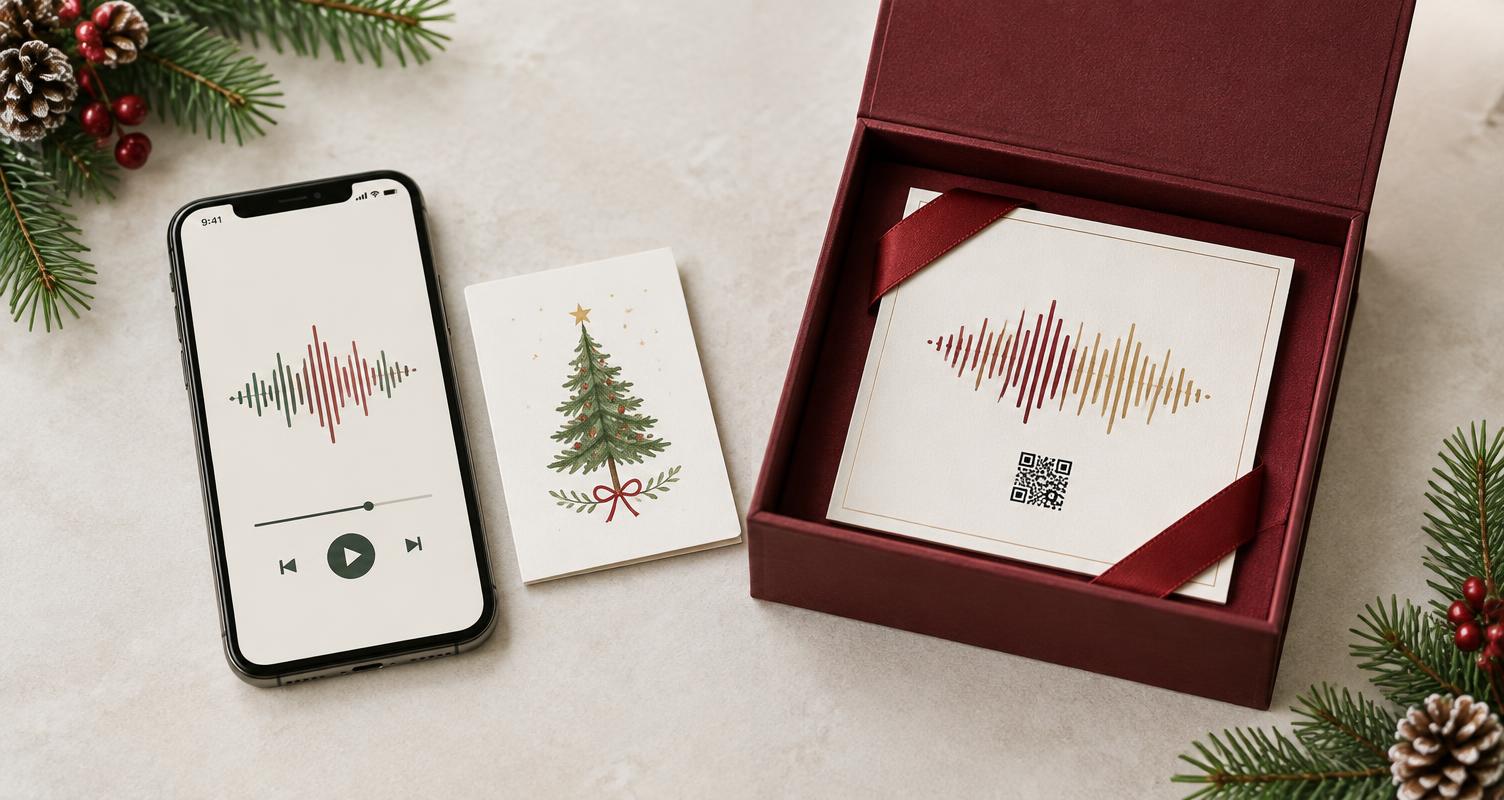 Illustrative Christmas song gifts: a digital song and card alongside a keepsake gift box